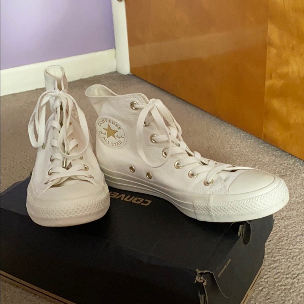 White, Gold High Top Converse